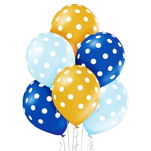 Balony niebieskie błękitne i złote w białe grochy