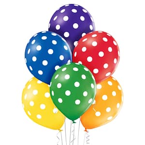 Kolorowe balony lateksowe z helem w białe grochy