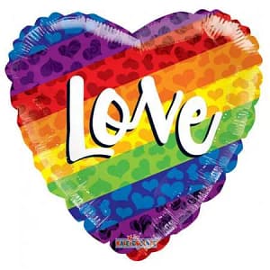 Kolorowy balon w kształcie serca z napisem LOVE i tęczą